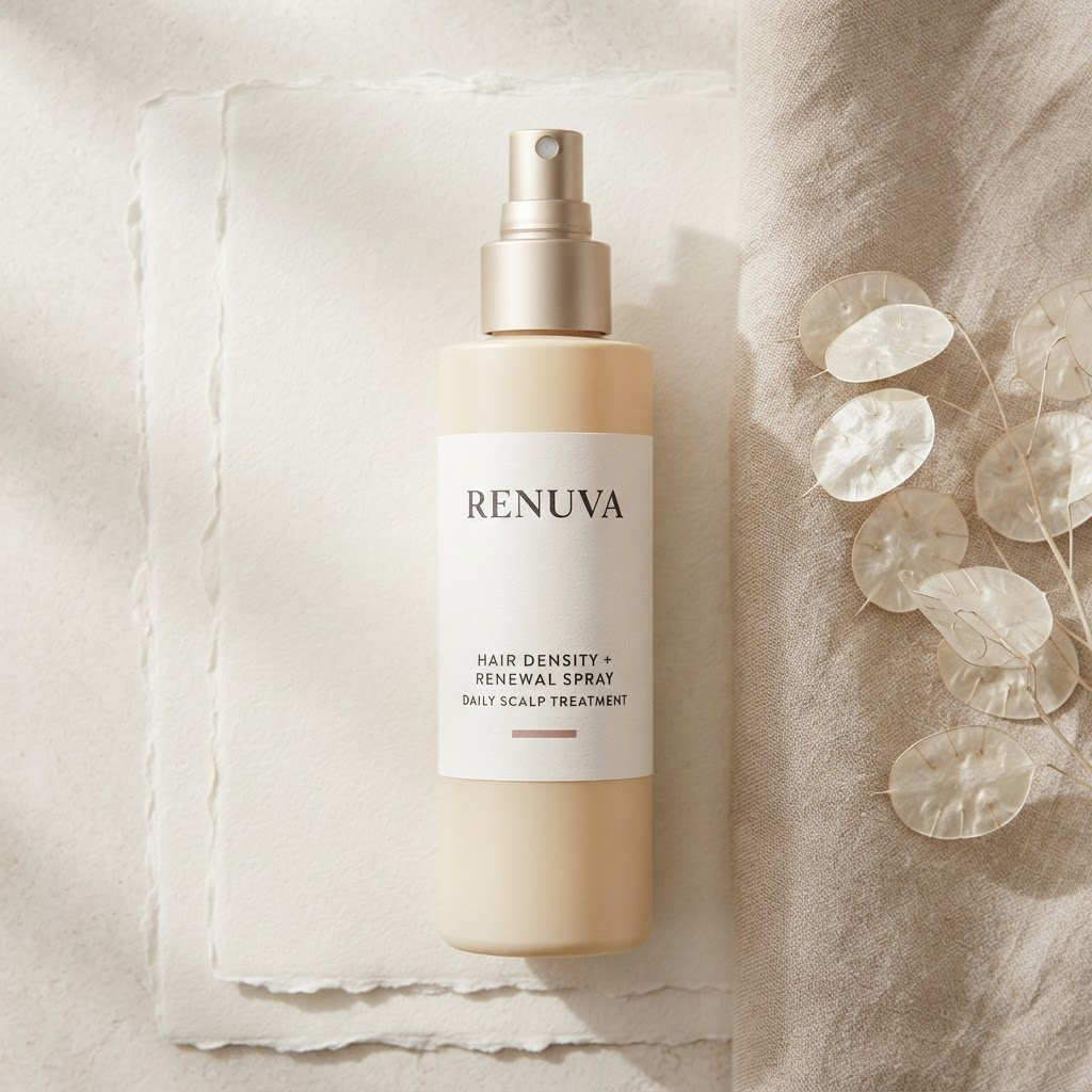 Renuva spray bottle styled with linen and botanicals